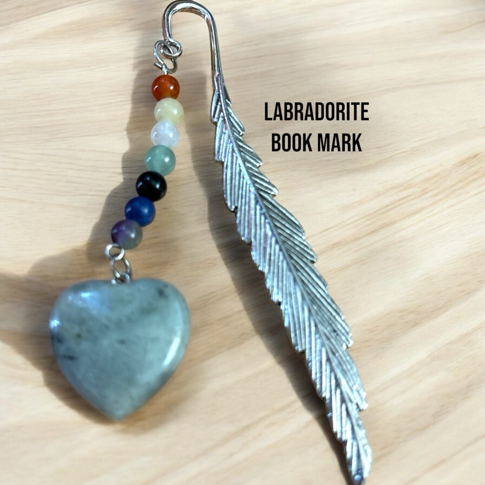 274BM. Labradorite Heart Bookmark with Silver Feather